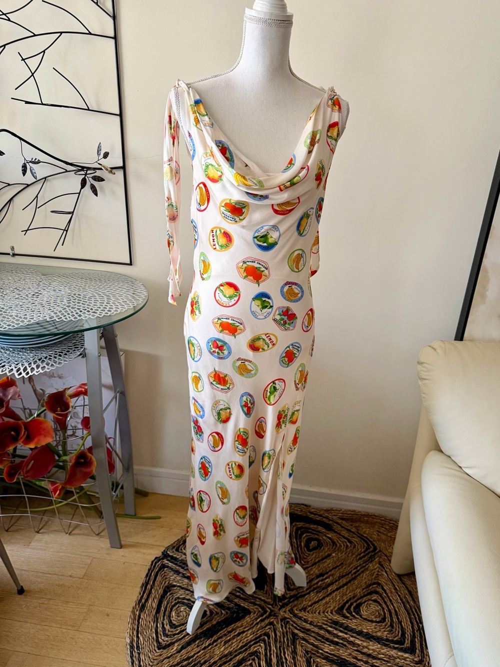 ASTR the Label Allexina Satin Midi Dress Ivory & Fruit Cocktail Size Medium NWT - Picture 12 of 16